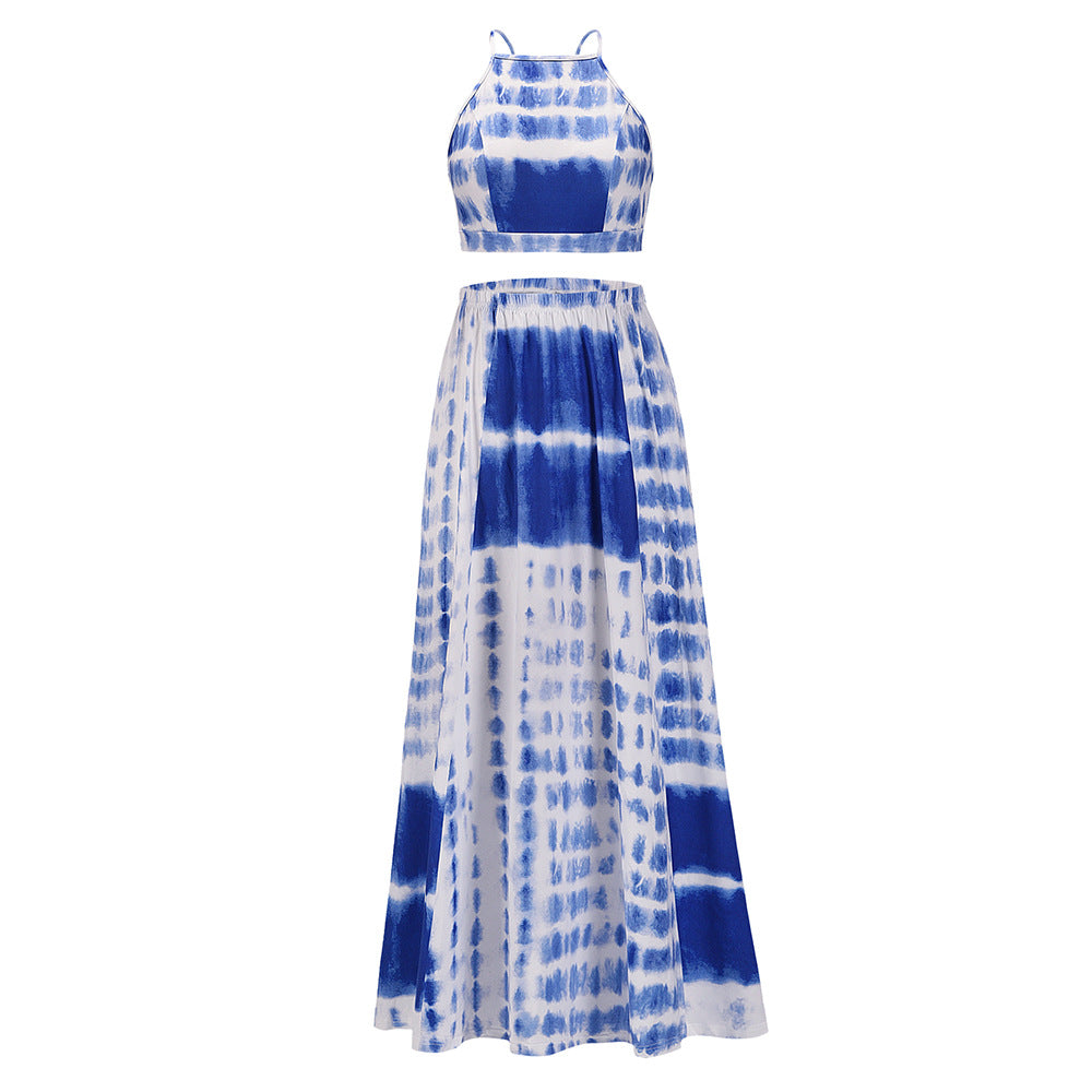 Ensemble deux pièces haut à bretelles et jupe évasée à la mode pour femme avec taille à la taille et grande jupe évasée