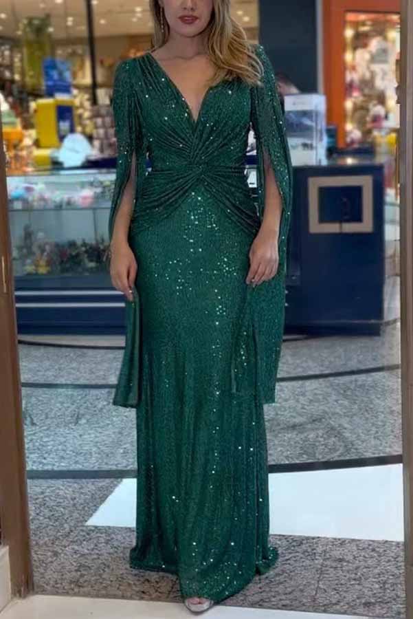 Shine Brighter – Maxi-Abendkleid mit Pailletten und Cape-Ärmeln und überkreuzter Taille