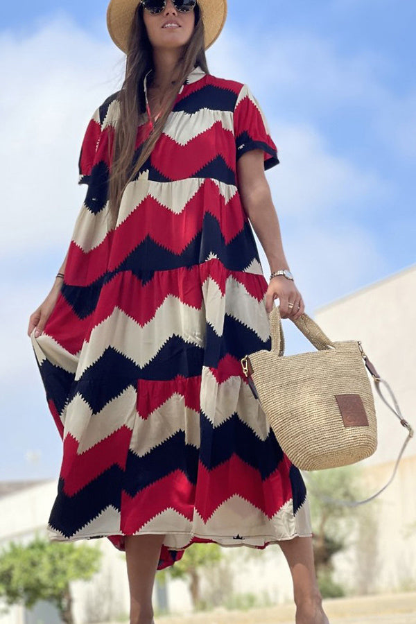 Always True – Bedrucktes, gestuftes Button-Down-Hemd mit entspanntem Midikleid