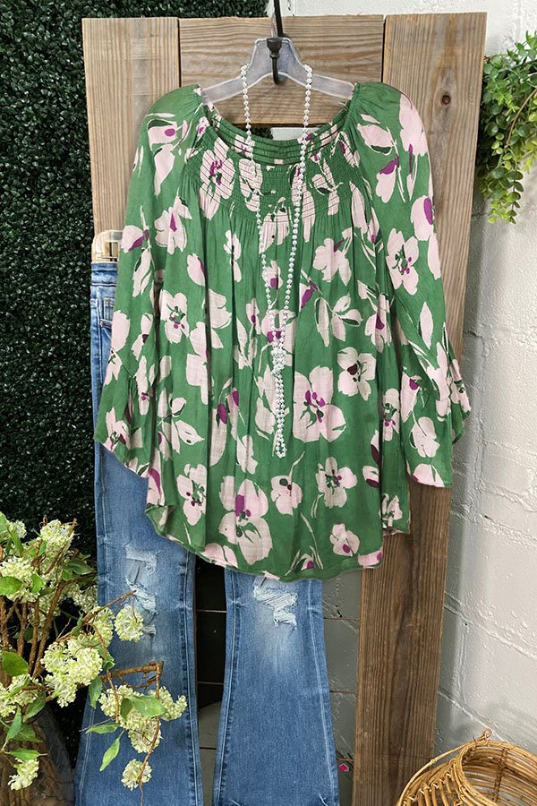Chiffon-Top mit plissiertem Blumenmuster und Rüschen