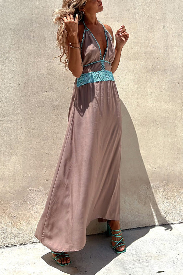 Ärmelloses Sommerkleid mit Sling-Spitze und tiefem V-Ausschnitt und rückenfreiem Schnitt