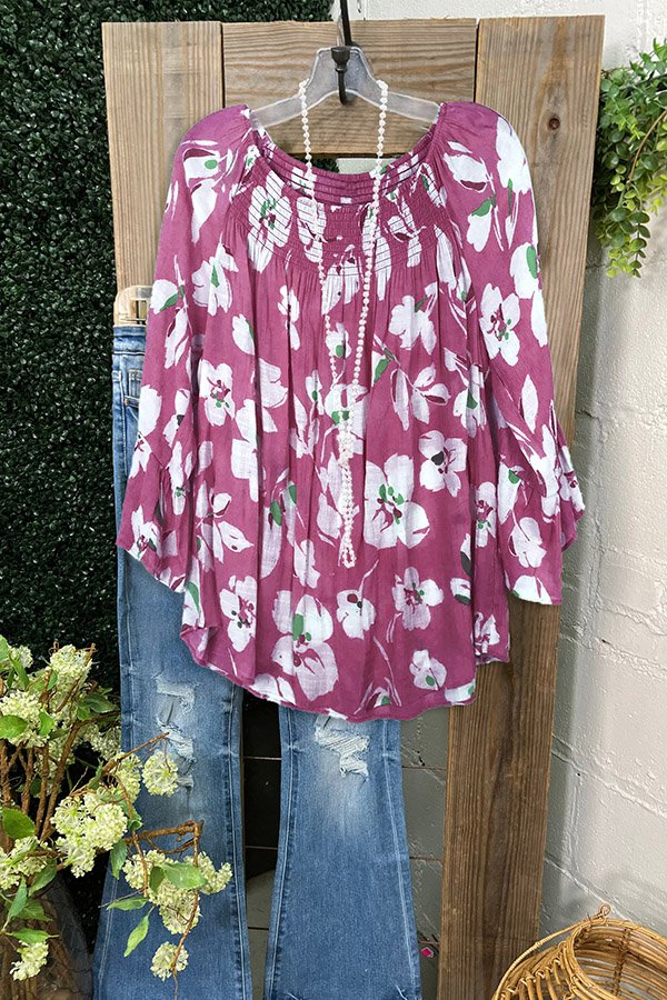 Chiffon-Top mit plissiertem Blumenmuster und Rüschen
