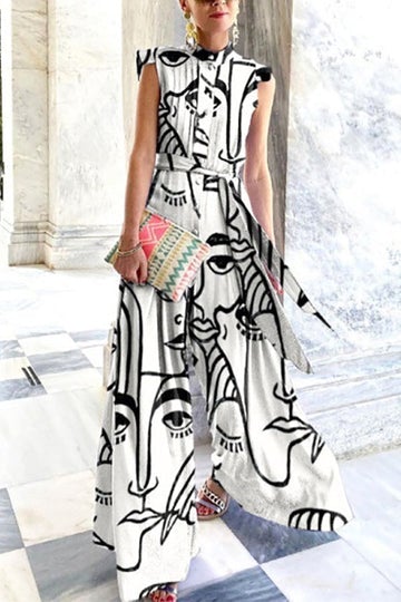 Perfect Style – Modischer Jumpsuit mit weitem Bein und Kunstdruck