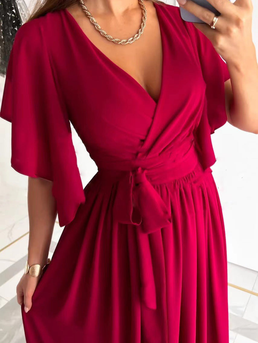 Solid V-Neck Flared Sleeve Slit Dress