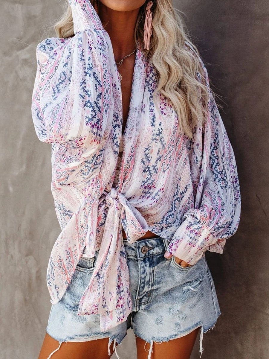 Oberteil mit geknoteten Laternenärmeln und Grafikdruck