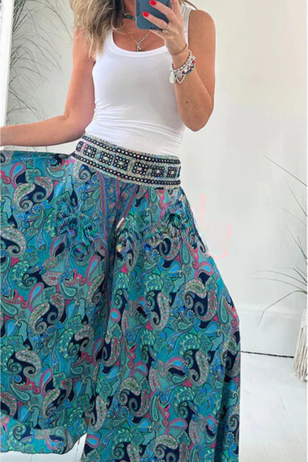 Pantalon léger à poches et taille élastique patchwork à imprimé cachemire ethnique