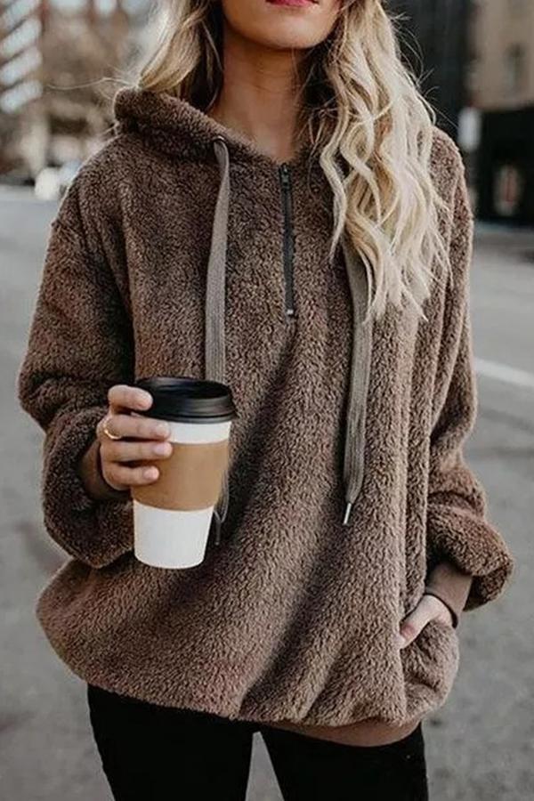 Reißverschluss, langärmelig, lässig, einfarbig, Kapuzenpullover