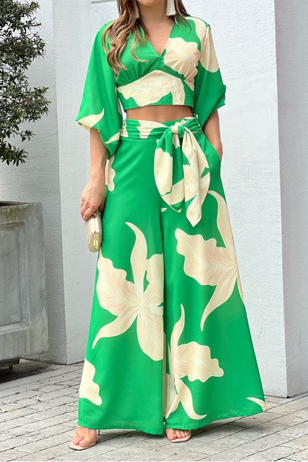 Ensemble deux pièces haut à manches longues et col en V imprimé tendance et pantalon large