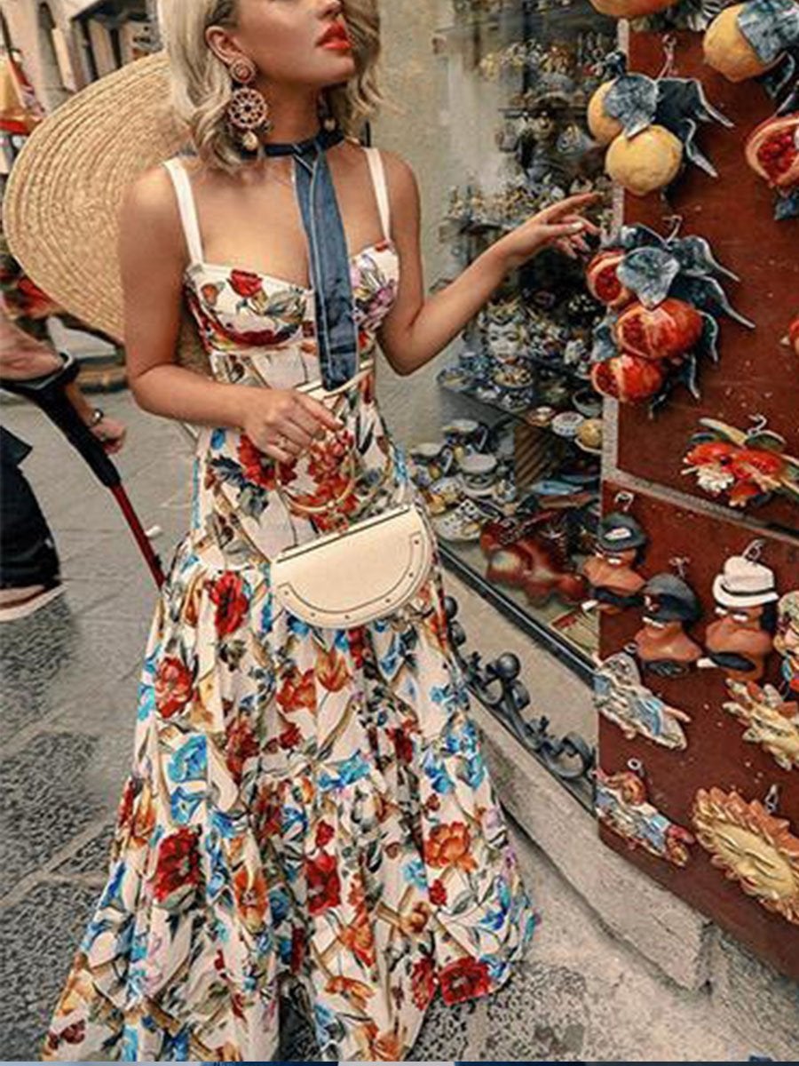 Sleeveless Sling Flower Print Maxi Dress