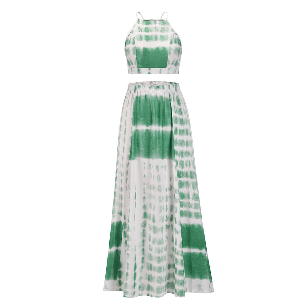 Ensemble deux pièces haut à bretelles et jupe évasée à la mode pour femme avec taille à la taille et grande jupe évasée