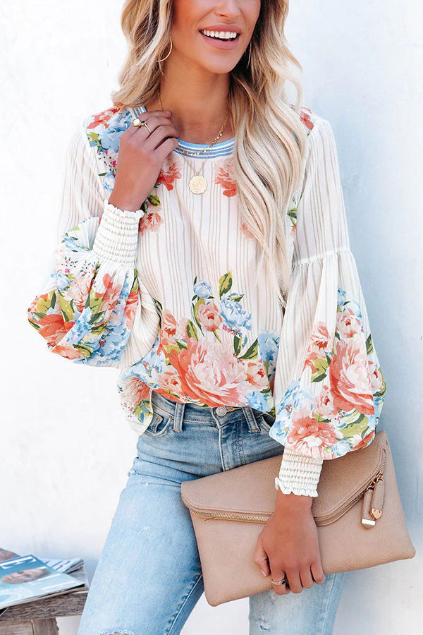 Gestreifte Bluse mit Valencia-Rosenprint