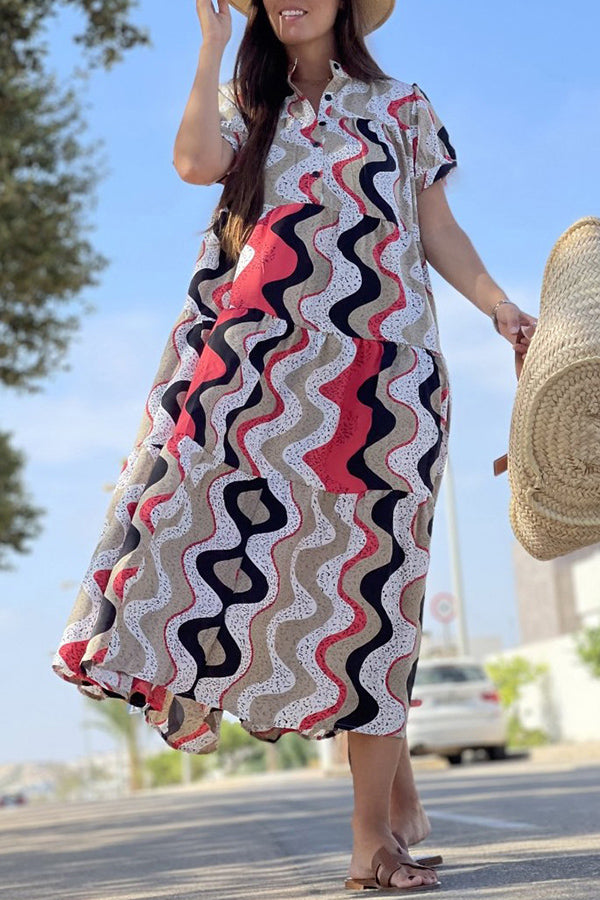 Always True – Bedrucktes, gestuftes Button-Down-Hemd mit entspanntem Midikleid