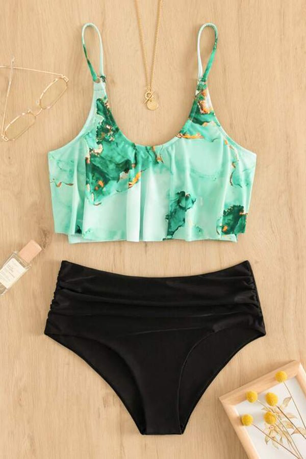 Bikini mit hoher Taille und mehrfarbigem Marmor-Print und Rüschen