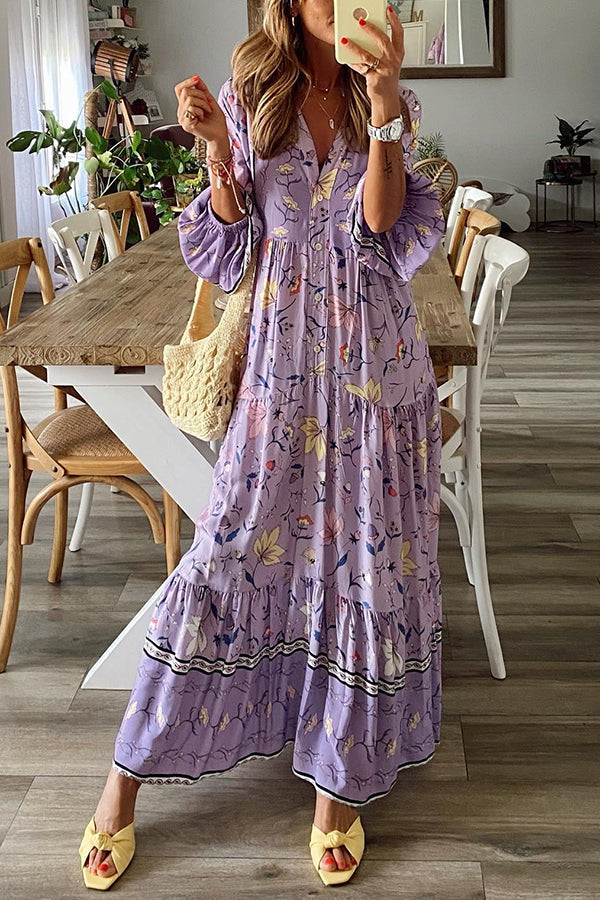 Langärmliges Maxikleid in A-Linie mit Knopfleiste und Lavendel-Print