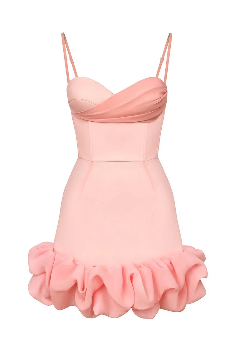 Herzförmiger Ausschnitt, Mesh, Patchwork, drapierter Rüschensaum, figurbetontes Slip-Minikleid