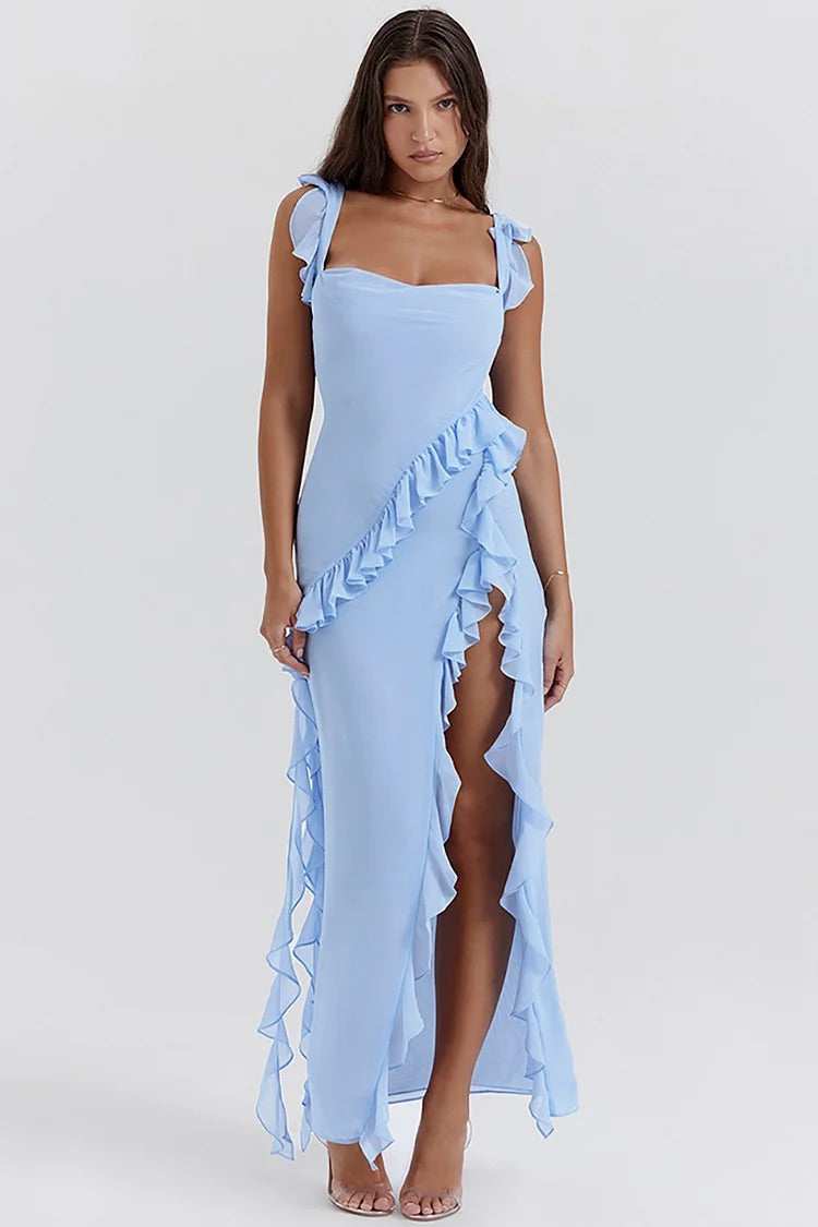 Robe longue de soirée formelle en maille avec col bateau et dos nu et fente haute
