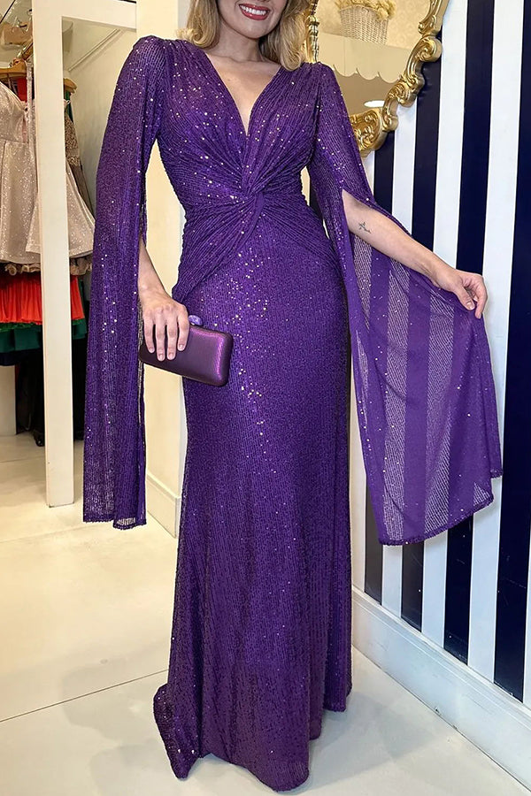 Shine Brighter – Maxi-Abendkleid mit Pailletten und Cape-Ärmeln und überkreuzter Taille
