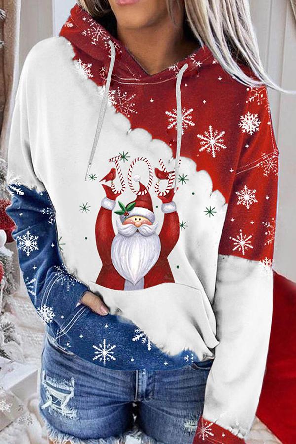 Santa Claus Print Color Block Hoodie  (Red and blue)