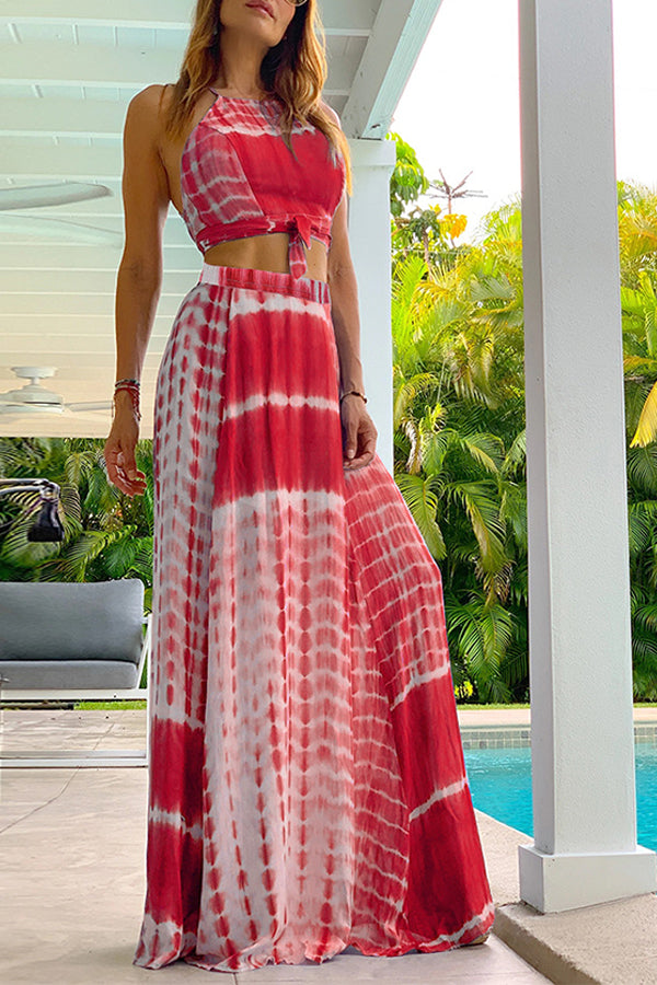 Ensemble deux pièces haut à bretelles et jupe évasée à la mode pour femme avec taille à la taille et grande jupe évasée