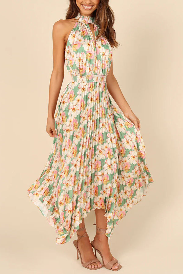 Luxuriöses Satin-Midikleid mit Neckholder, Plissierung und elastischer Taille