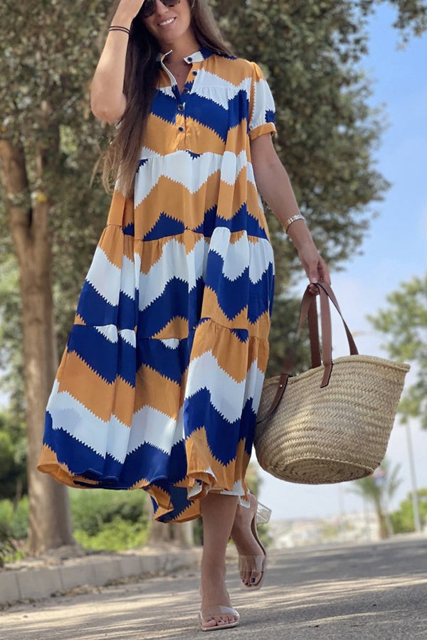 Always True – Bedrucktes, gestuftes Button-Down-Hemd mit entspanntem Midikleid