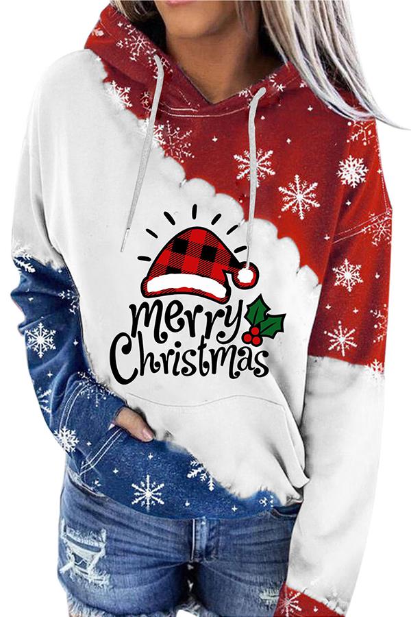 Santa Claus Print Color Block Hoodie  (Red and blue)