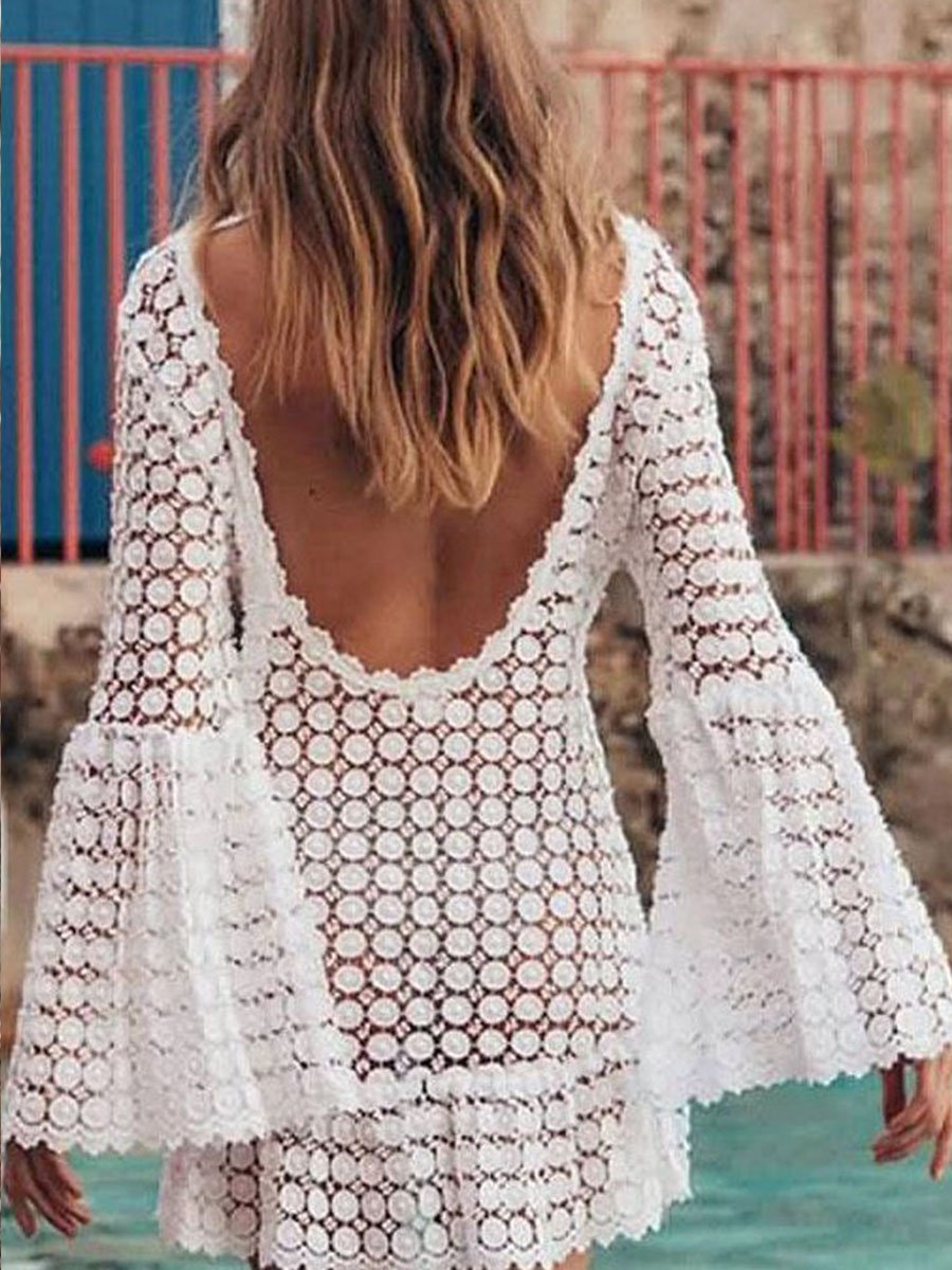 Weißes Cover-Up mit Hohlsaum und Print