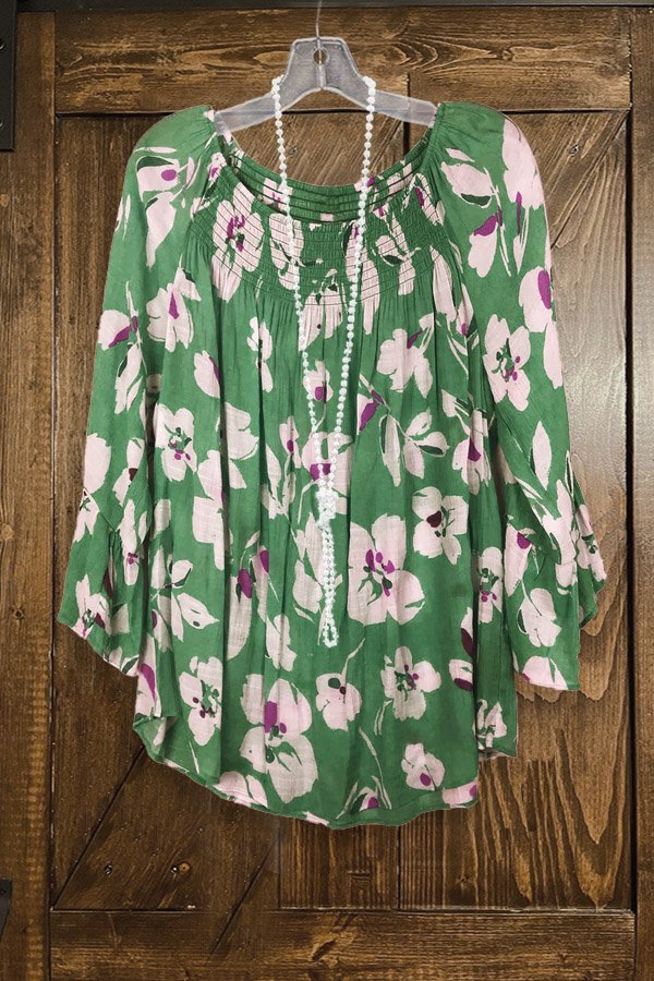 Chiffon-Top mit plissiertem Blumenmuster und Rüschen
