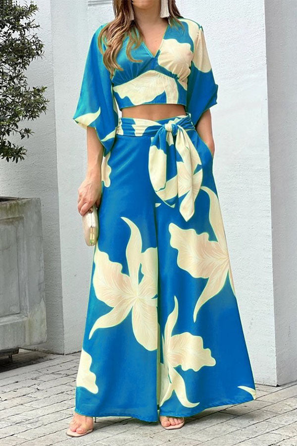 Ensemble deux pièces haut à manches longues et col en V imprimé tendance et pantalon large