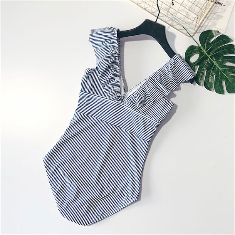 Bikini taille haute à rayures et volants, dos nu