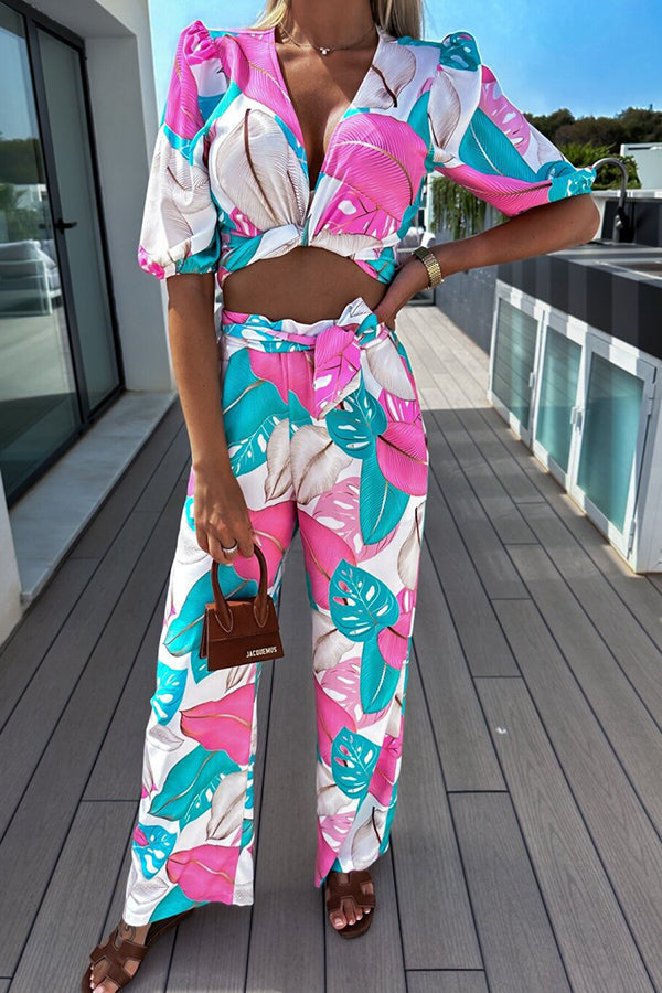 Sunny Beach – Set mit Oberteil zum Binden mit tropischem Print und Hose mit elastischer Taille und Taschen