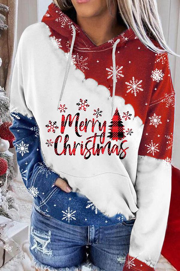 Santa Claus Print Color Block Hoodie  (Red and blue)