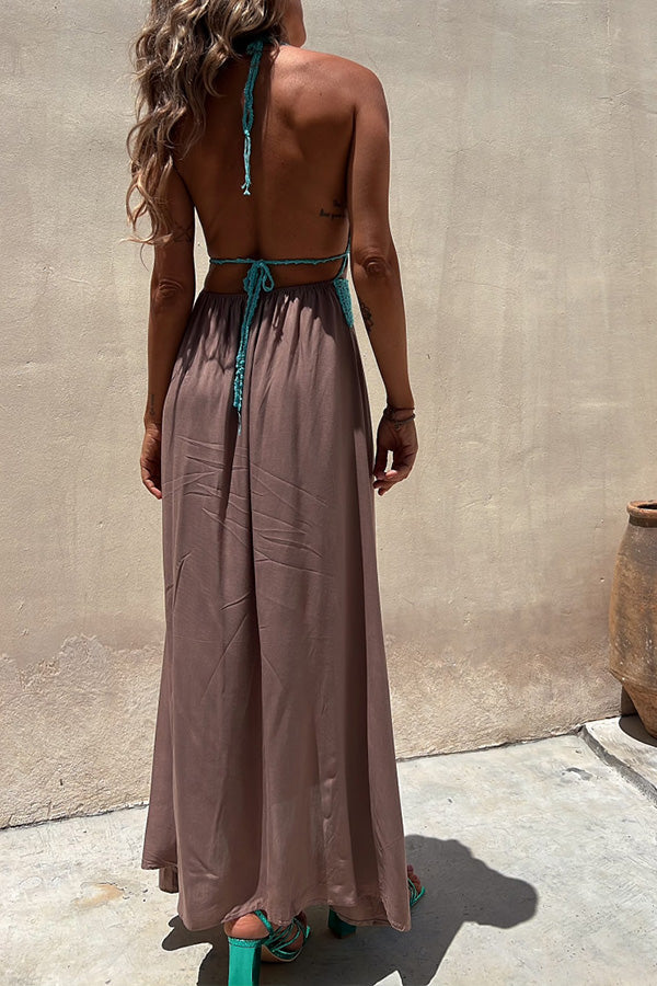 Ärmelloses Sommerkleid mit Sling-Spitze und tiefem V-Ausschnitt und rückenfreiem Schnitt