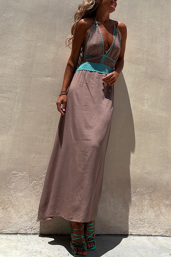 Ärmelloses Sommerkleid mit Sling-Spitze und tiefem V-Ausschnitt und rückenfreiem Schnitt