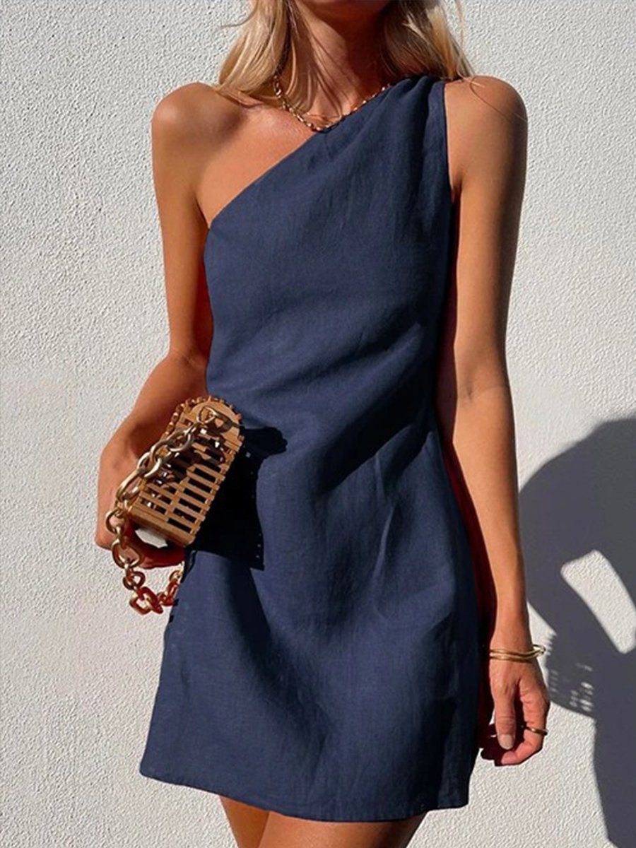 Minikleid aus Leinen-Baumwolle mit One-Shoulder-Träger