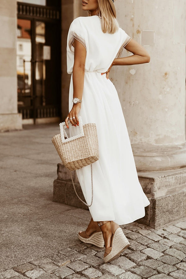 Loose Waistband Patchwork Lace Doll Sleeve Maxi Dress