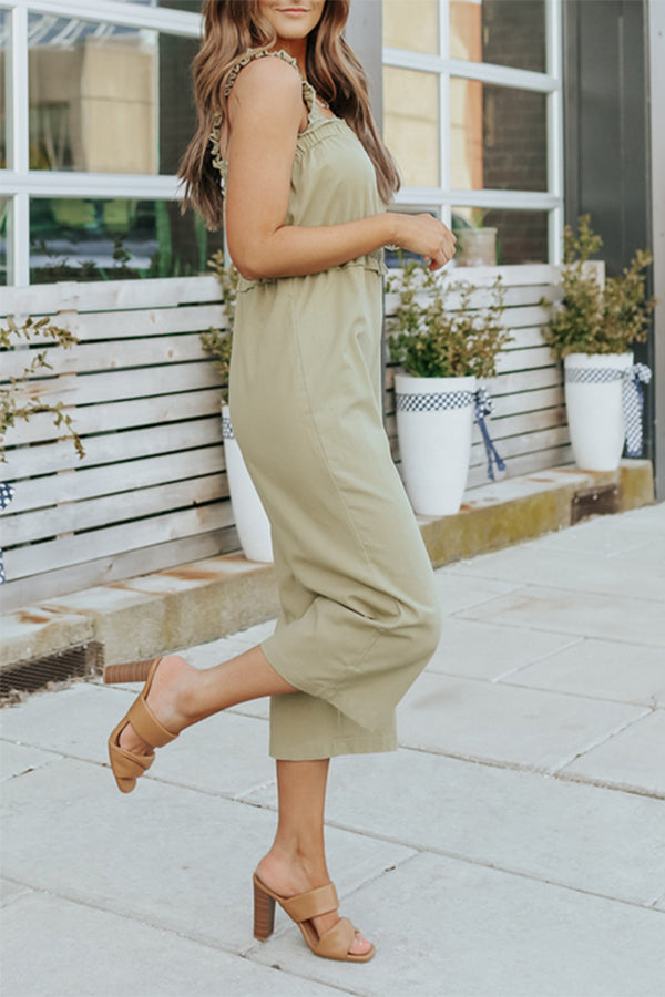 Lässiger, einfarbiger Jumpsuit mit Schlitz und quadratischem Kragen und geradem Schnitt