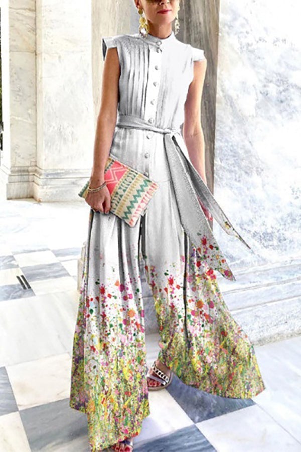 Perfect Style – Modischer Jumpsuit mit weitem Bein und Kunstdruck
