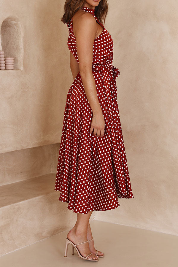 Robe longue trapèze slim à pois et col licou