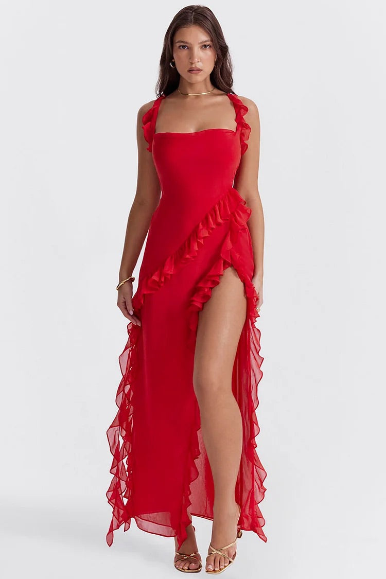 Robe longue de soirée formelle en maille avec col bateau et dos nu et fente haute