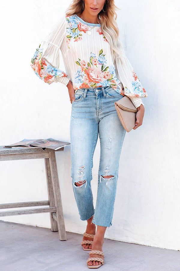 Gestreifte Bluse mit Valencia-Rosenprint