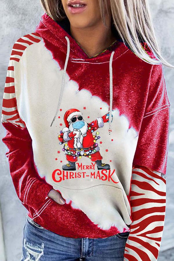Kapuzenpullover mit Weihnachtsmann-Print und Farbblockdesign (Rot)
