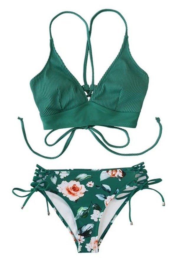 Bedruckter Bikini mit V-Ausschnitt und Kordelzug