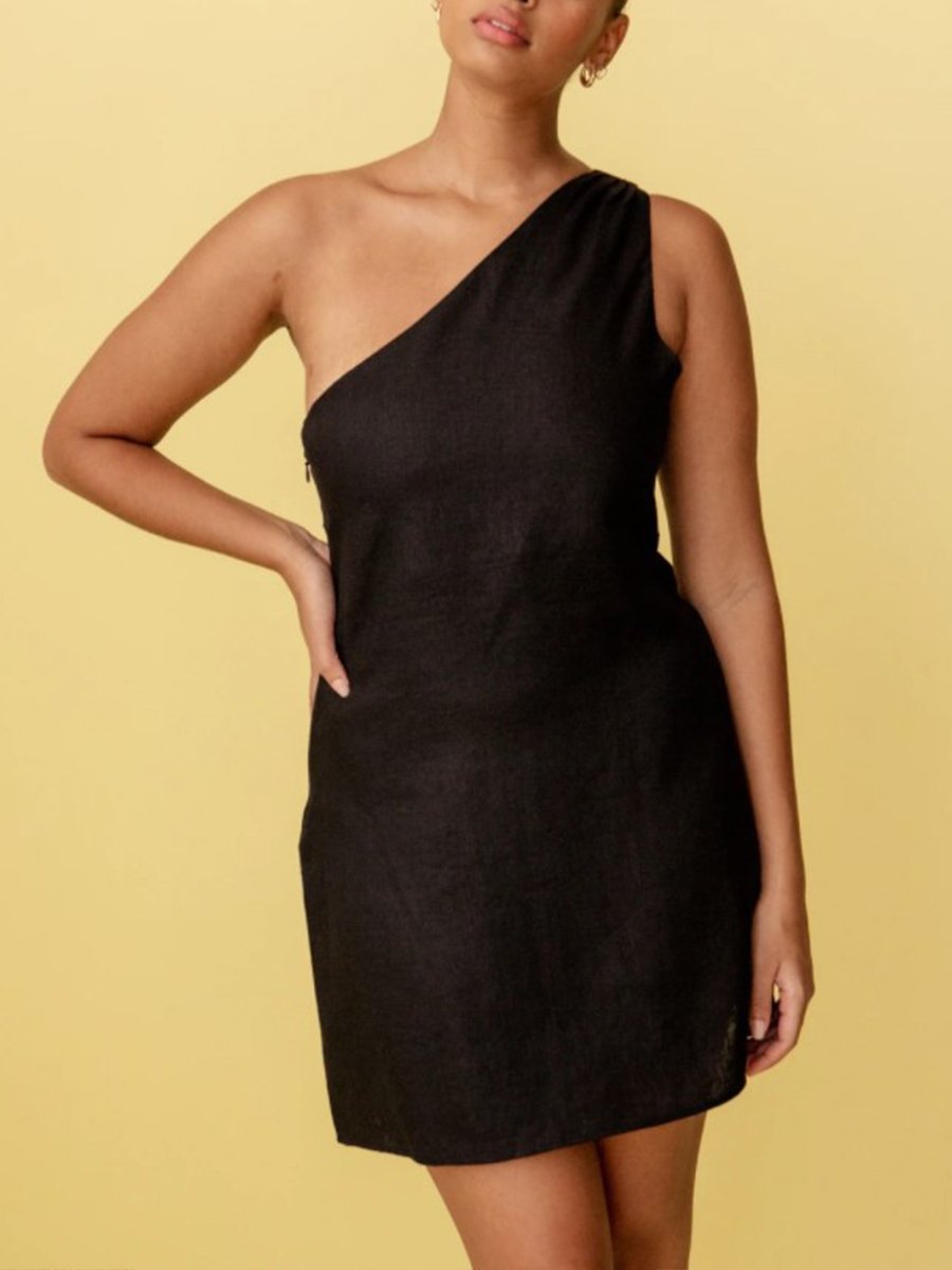 Minikleid aus Leinen-Baumwolle mit One-Shoulder-Träger