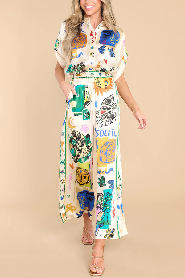 Sun Tribe – Übergroße Satinbluse mit einzigartigem Druck und Knopfleiste