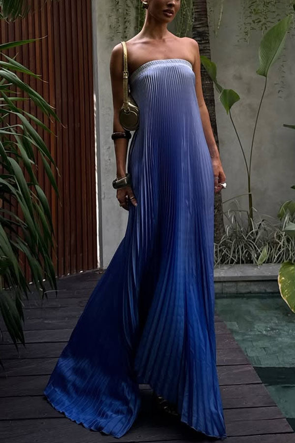 Really Special Pleated Gradient Print Elastic Bust Strapless A-line Maxi Dress