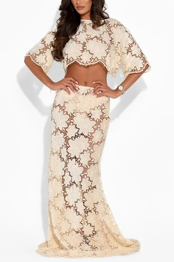 Modern Allure Floral Embroidery Lace Bell Sleeve Crop Top and High Rise Flare Maxi Skirt Set
