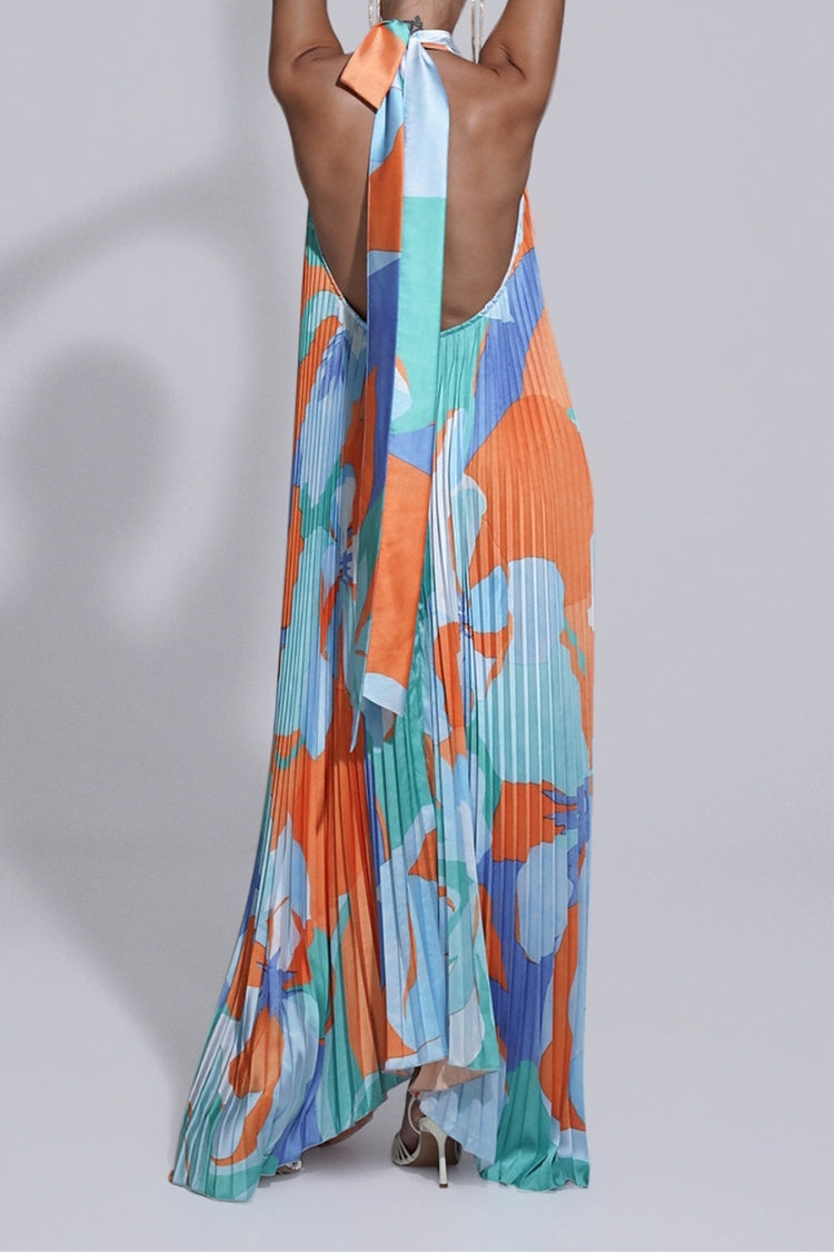 Opera Pleated Colorblock Camouflage Print Cutout Halter A-line Maxi Dress