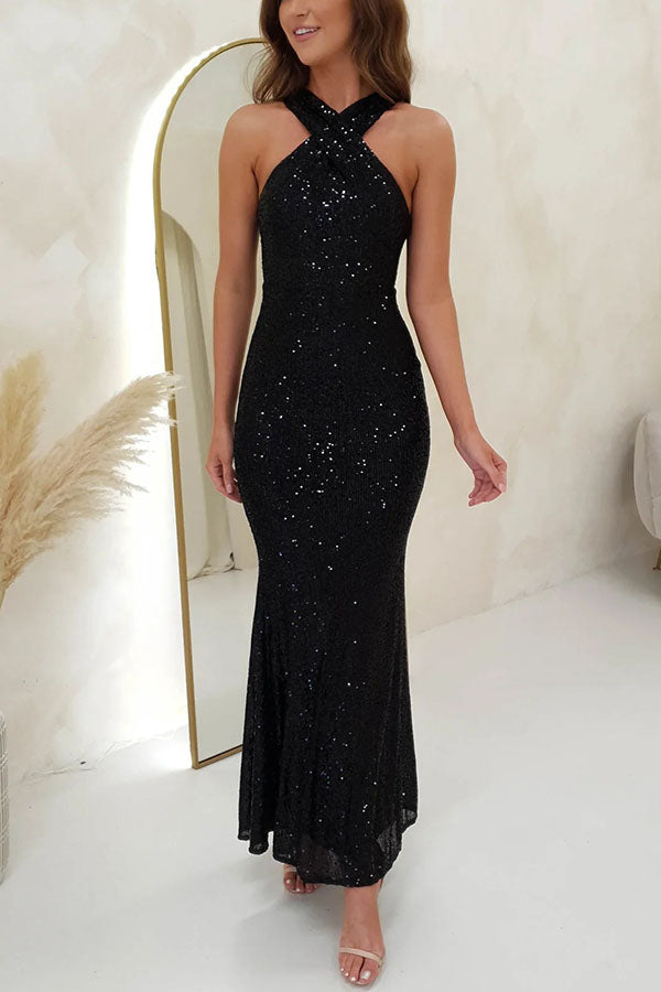 Time To Sparkle Sequin Cross Halter Neck Backless Party Maxi Dress