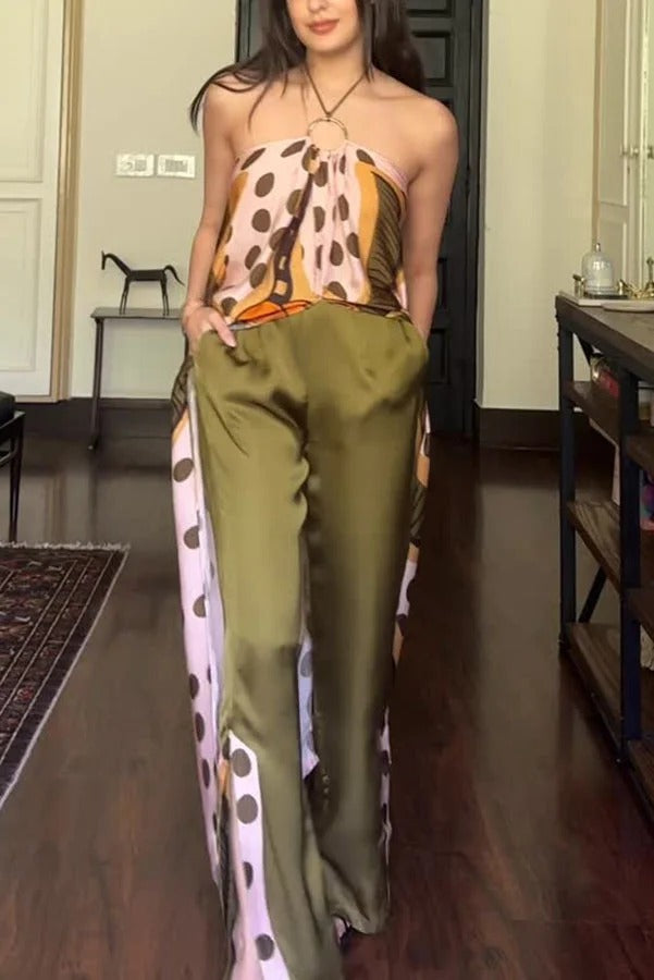 Junea Satin Polka Dot Unique Print Ring Halter Slit Midi Top and Elastic Waist Pocket Pants Set